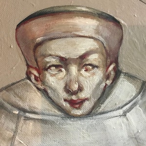 May include: A painting of a person's face against a white background. The person is wearing a white hat and a white shirt. The person's eyes are closed and their mouth is slightly open.