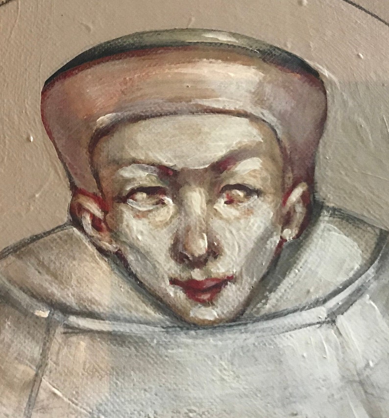 May include: A painting of a person's face against a white background. The person is wearing a white hat and a white shirt. The person's eyes are closed and their mouth is slightly open.