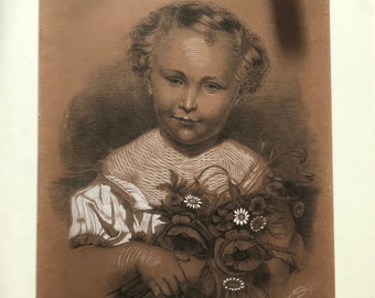 Framed pencil drawing, child bust with flowers, 19 th century