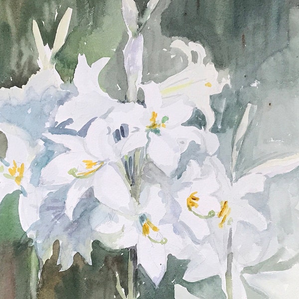 Aquarelle fleurs, lys blancs, années 1969/1970, Hélène Massart -Jeener