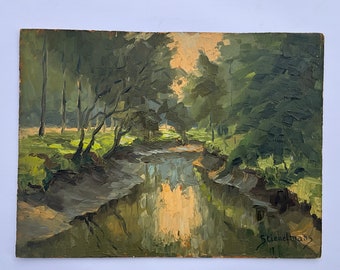 Peinture à l’huile sur panneau , paysage avec  arbres et rivière par Stichelmans