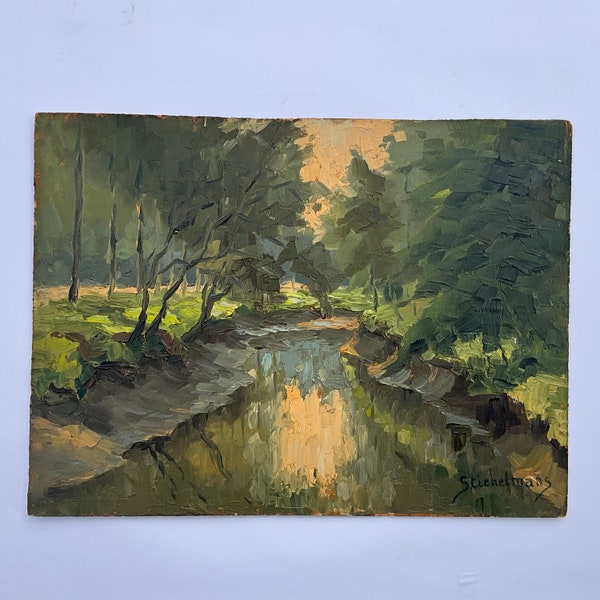 Peinture à l’huile sur panneau , paysage avec  arbres et rivière par Stichelmans