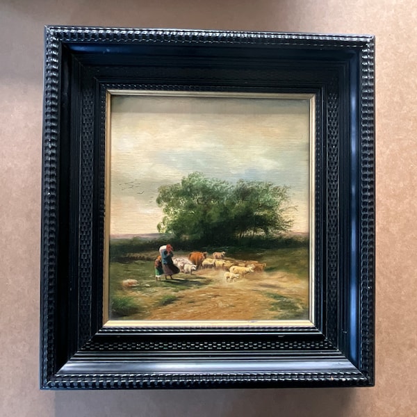 Peinture à l’huile 19 ème siècle sur panneau, bergère, sa fille et ses moutons dans la campagne