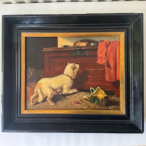 May include: An oil painting in a black and gold frame depicting a white terrier dog looking towards a dark wooden chest. A red garment hangs on the side of the chest, and a broken green and yellow ceramic vessel lies on the floor nearby.