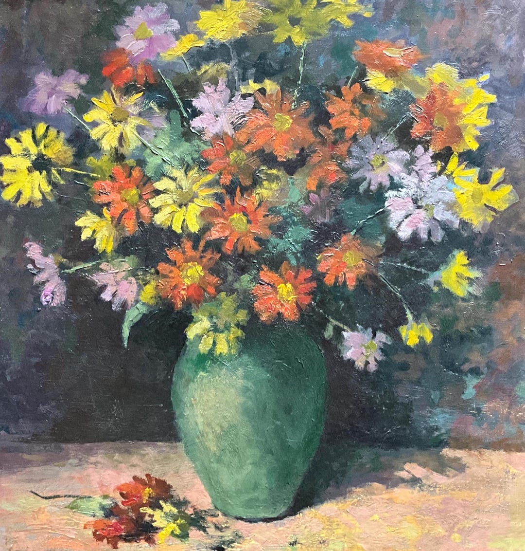 Oil Painting on Canvas, Bouquet of Various Flowers in a Vase by R ...