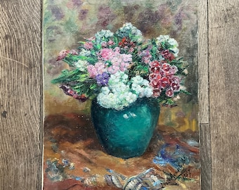 Oil painting on canvas, bunch of flowers in a vase, L.Van Aerschodt, 1957.