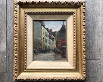 Oil painting on cardboard , Robert Cusner, Old street of Brussels