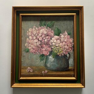 Peinture à l’huile sur carton, hortensias roses dans un vase