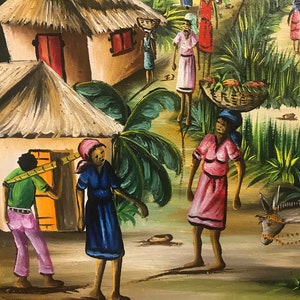 May include: A colorful painting depicting a village scene with people, houses, and a donkey. The painting features bright colors, including green, blue, red, and yellow. The people are dressed in traditional clothing and are carrying baskets and other items. The houses are made of wood and have thatched roofs. The donkey is standing in the foreground and is wearing a harness.