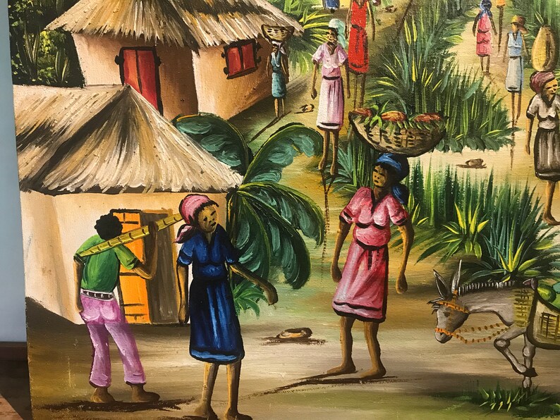May include: A colorful painting depicting a village scene with people, houses, and a donkey. The painting features bright colors, including green, blue, red, and yellow. The people are dressed in traditional clothing and are carrying baskets and other items. The houses are made of wood and have thatched roofs. The donkey is standing in the foreground and is wearing a harness.