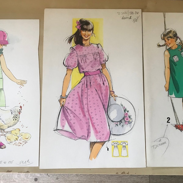 Fashion drawing, do-it yourself model, original watercolour of the 1970s
