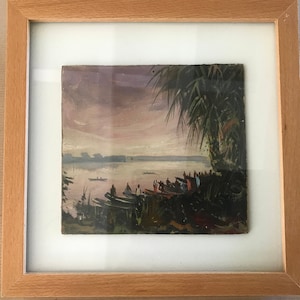 Pintura a óleo sobre painel, pintura africana, pescadores e seus barcos