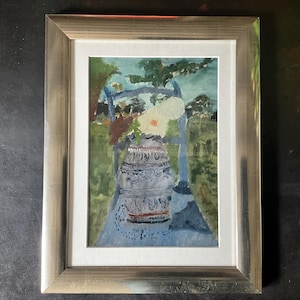 Peinture à l’huile sur carton, bouquet de fleurs dans un pot, style expressionniste.