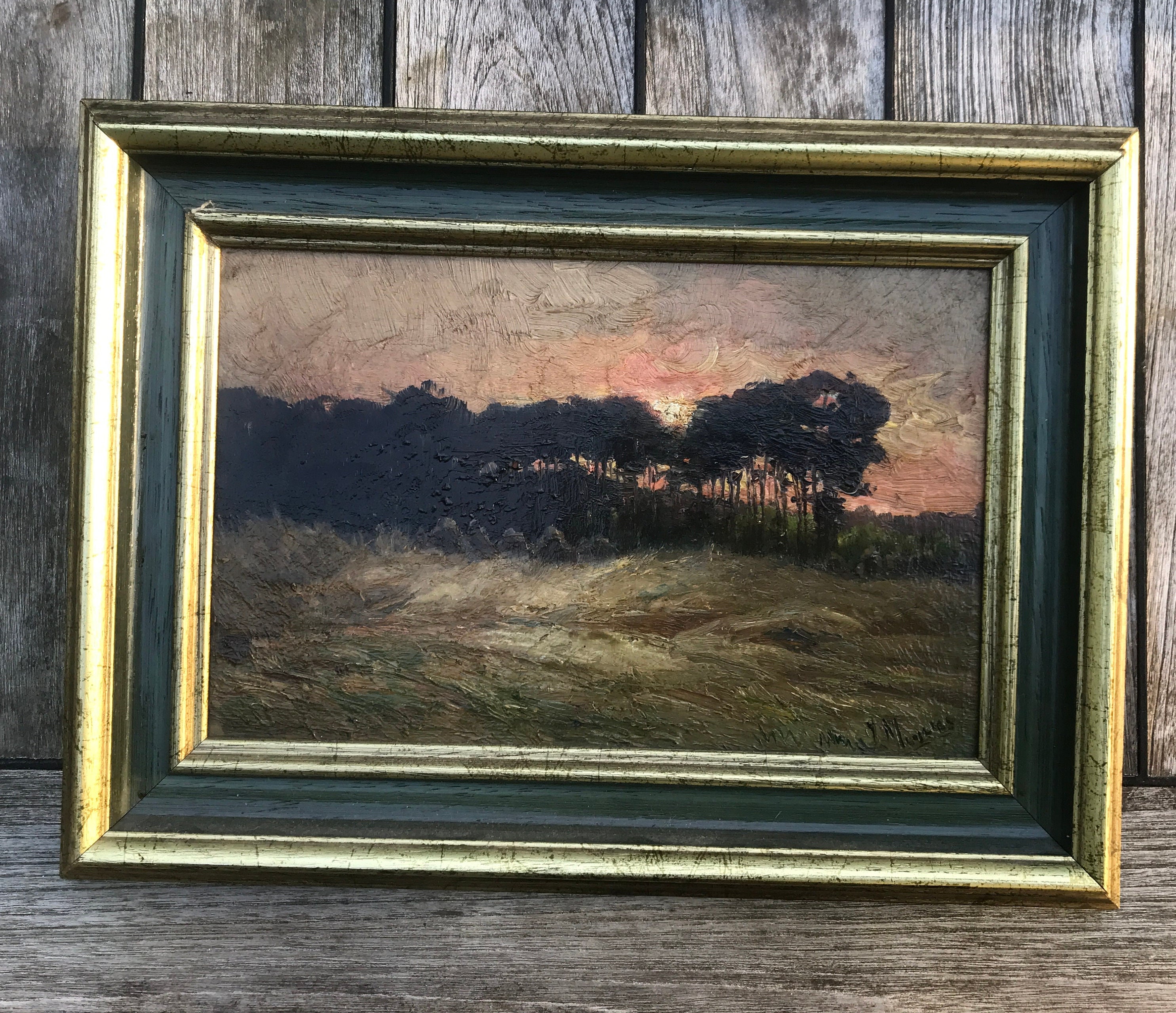 Oil Painting on Panel, Sunset With Fields and Trees, Isidore