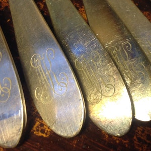 Op de afbeelding: Close-up van zes zilveren lepels met sierlijke gegraveerde ontwerpen. De lepels hebben een gepolijste afwerking en zijn in een rij gerangschikt.