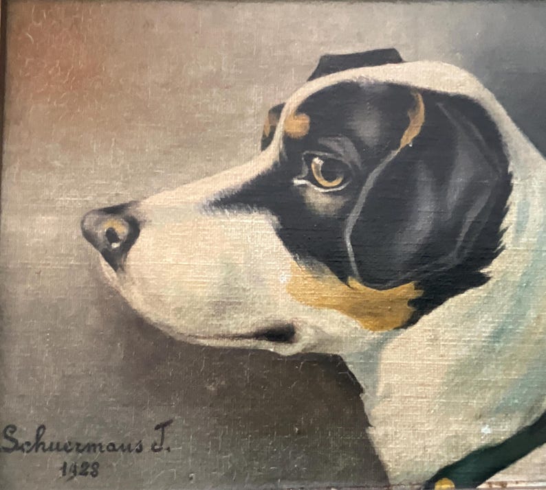 May include: An oil painting of a dog's profile, featuring a black and white coat with tan accents. The dog is wearing a green collar. The artist's signature and the year 1928 are visible in the lower left corner. The background is a muted gray.