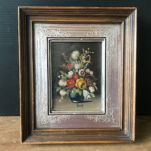 Het schilderen van de olie op hout, klein formaat, boeket van bloemen in een vaas, ingelijst schilderen
