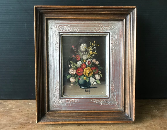 木に油絵、小さいフォーマット、花瓶に花の花束、額入り絵画 - Etsy 日本