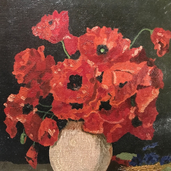 Peinture à l’huile sur toile , bouquet de coquelicots , R.Pire