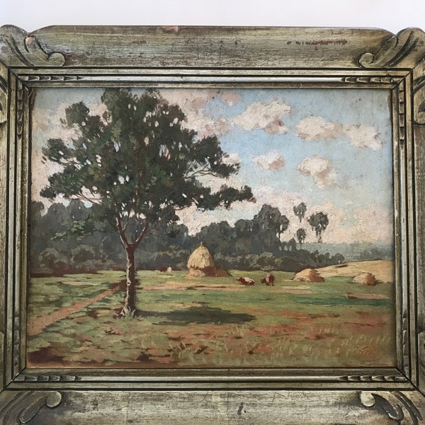 Peinture à l’huile sur carton, calme paysage de campagne avec meules de foin et vaches