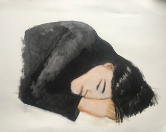 Unframed Oil painting on paper , sleeping person