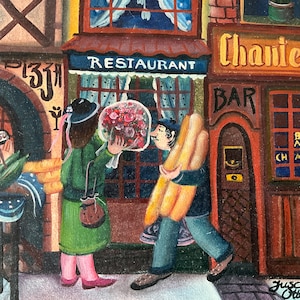 May include: A painting of a street scene with a restaurant, a bar, and people walking by. The restaurant has a sign that says "RESTAURANT" and the bar has a sign that says "BAR". There are flowers in a vase and a person carrying bread.