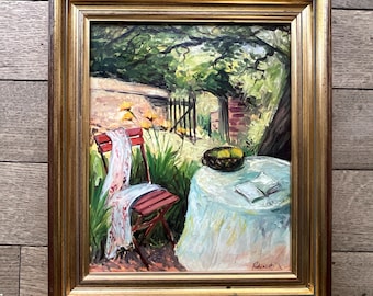 Ölgemälde auf Holz, Garten im Sommer