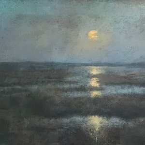 May include: A painting of a moonlit landscape with a large, full moon in the sky. The moon is reflecting off the water in the foreground, creating a shimmering effect. The sky is a deep blue, and the water is a dark gray. The landscape is a muted green and brown.
