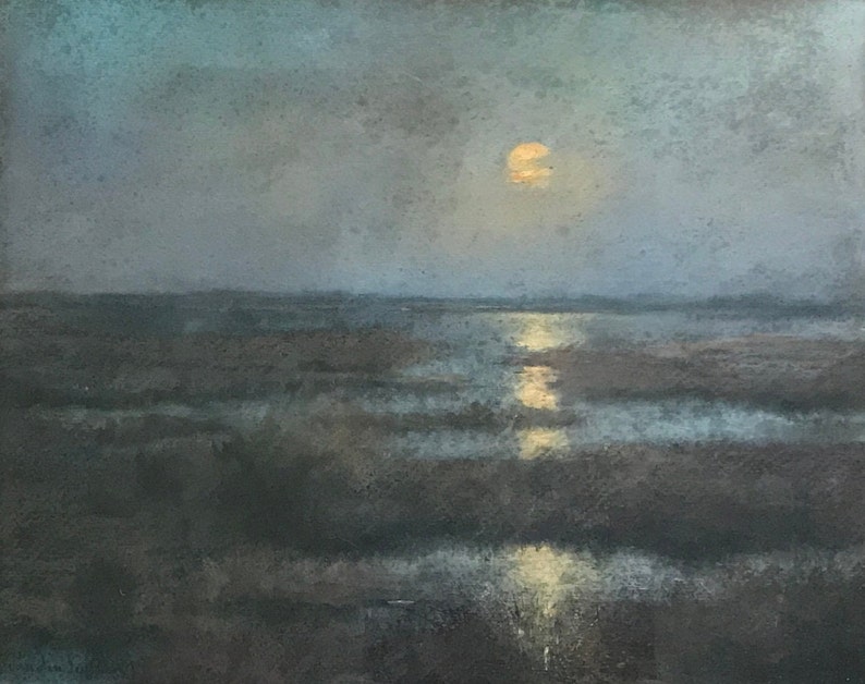 May include: A painting of a moonlit landscape with a large, full moon in the sky. The moon is reflecting off the water in the foreground, creating a shimmering effect. The sky is a deep blue, and the water is a dark gray. The landscape is a muted green and brown.