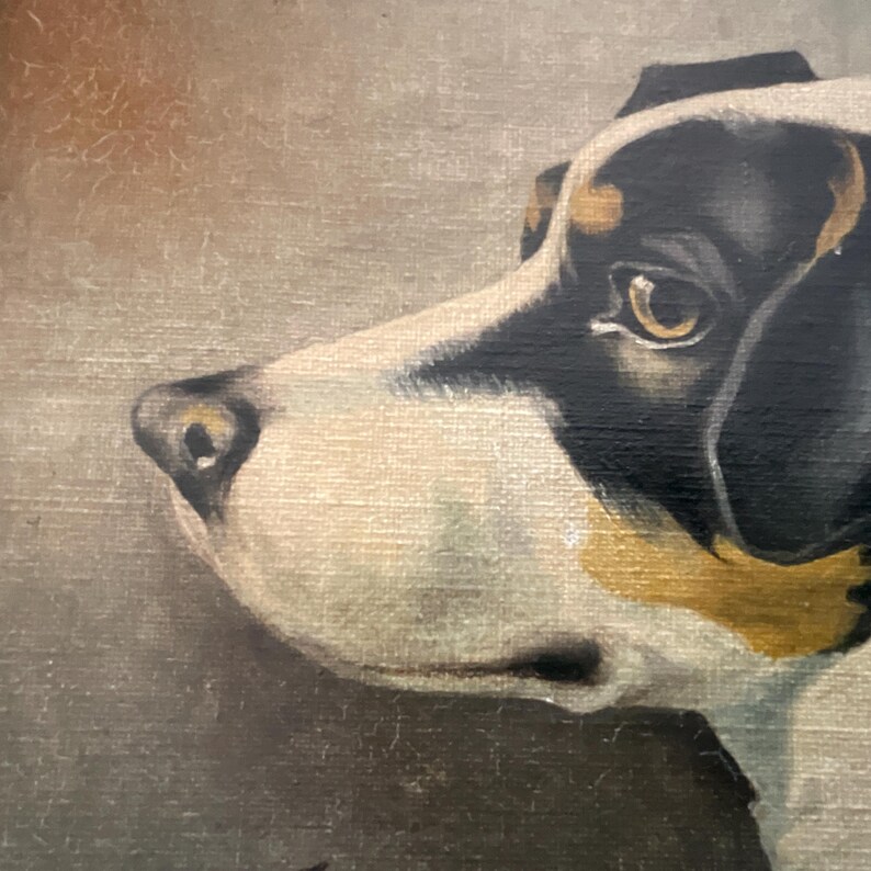 May include: A painted portrait of a dog's head in profile. The dog has a black and white coat with tan markings around the ears and eyes. The background is a muted gray.