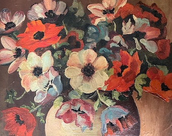 Bouquet of anemones in a vase, oil on canvas