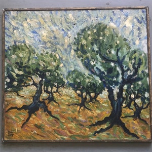 May include: Impressionistic oil painting depicting olive trees with green leaves and dark trunks, under a blue and gold sky. The artwork, signed and dated, is presented in a gold-toned wooden frame.