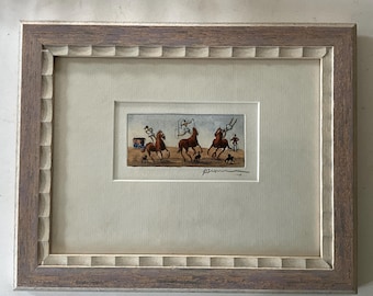 Framed engraving on paper, circus performers and horses, by Patrice Sépulchre