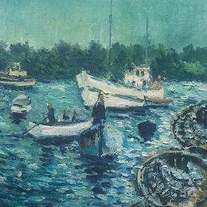 Pintura a óleo sobre cartão, pescadores no mar com cestos de lagosta