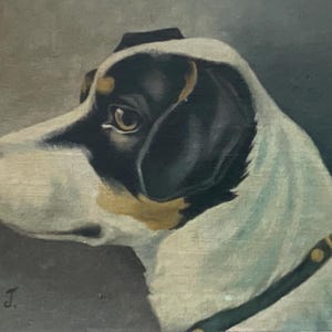May include: A vintage painting of a dog's head in profile. The dog has a black and white coat with tan markings around the ears and eyes. It wears a dark collar. The artist's signature and the year 1923 are visible in the lower left corner.