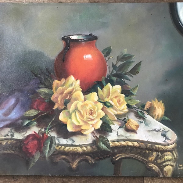 Peinture à l’huile sur toile, bouquet de fleurs, vase et console bois et marbre par Caty