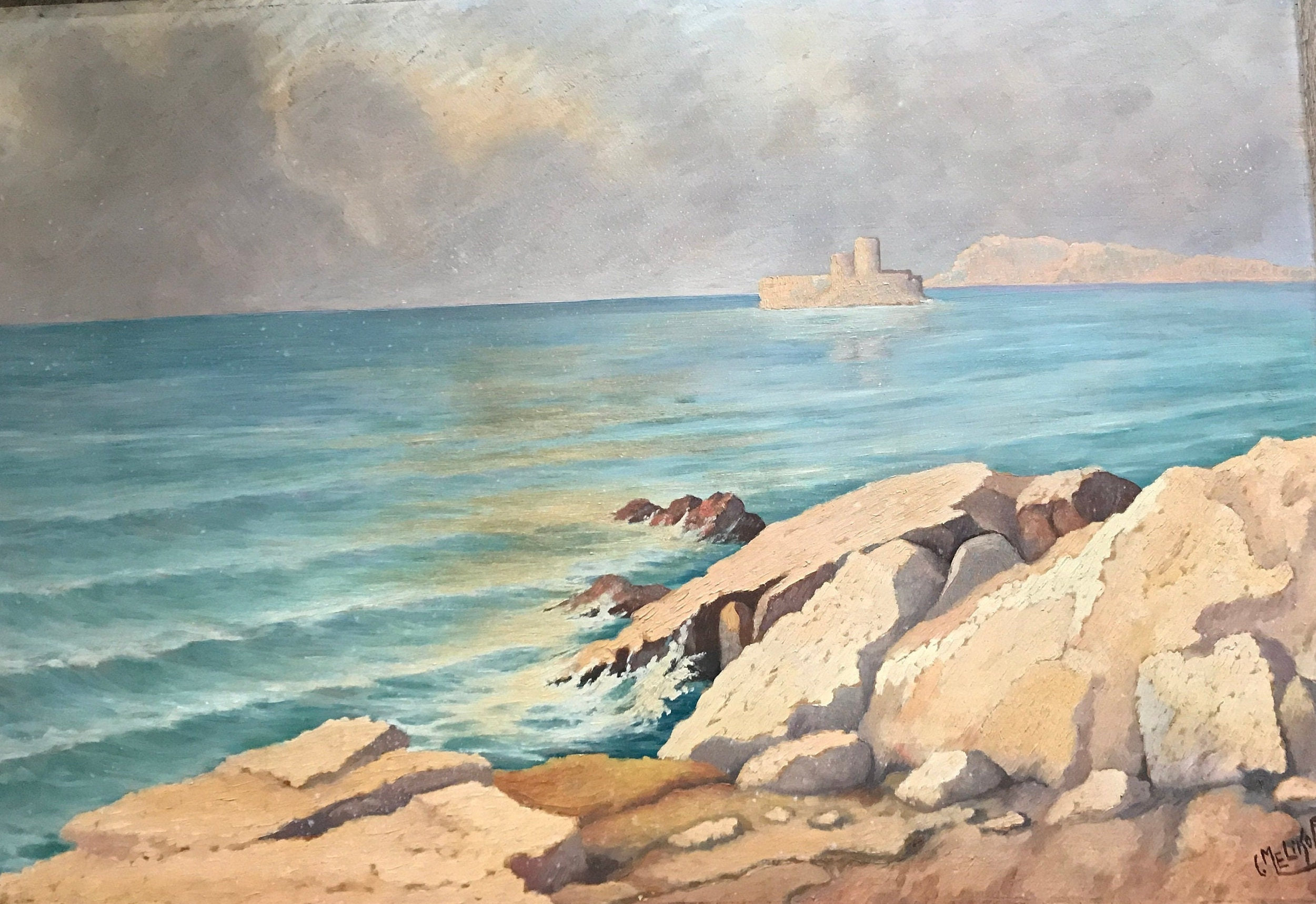Tableau vagues sur l'atlantique décoration marine peinture à l'huile au  couteau tableau bord de mer - Un grand marché