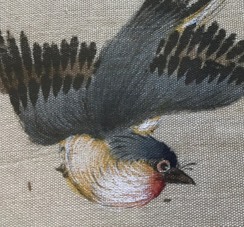May include: A close-up of a painting of a bird with gray and black feathers. The bird's head is turned to the side, and its eye is visible. The bird's beak is open, and its tongue is sticking out.