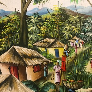 May include: A colorful painting depicting a village scene in a tropical jungle. The painting features several small, thatched-roof houses, lush green foliage, and people walking along a dirt path. The sky is a light blue with white clouds.