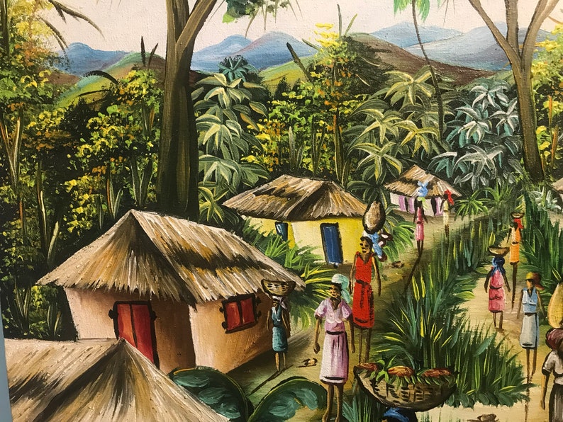 May include: A colorful painting depicting a village scene in a tropical jungle. The painting features several small, thatched-roof houses, lush green foliage, and people walking along a dirt path. The sky is a light blue with white clouds.
