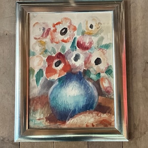 Acquerello su carta con cornice in legno argentato, bouquet in un vaso, Marcel Roche