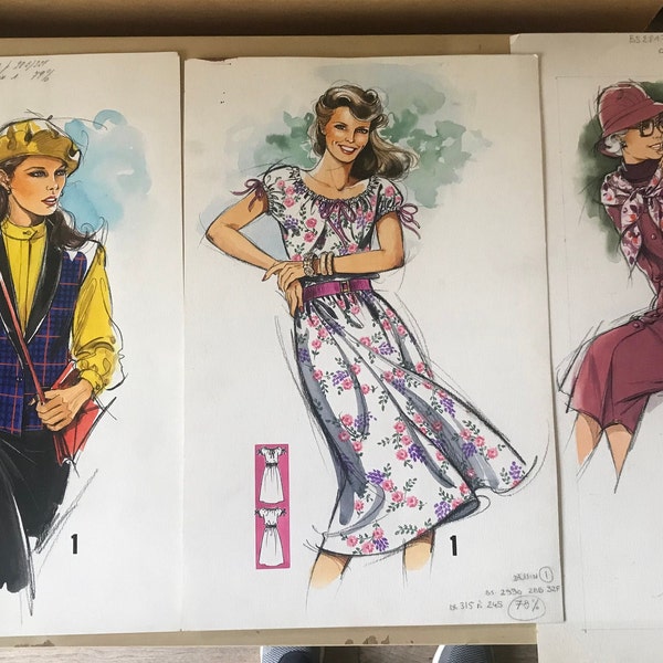 Fashion drawing, do-it yourself model, original watercolour of the 1970s