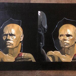 Acrylic painting on canvas, evolution from face to skeleton.