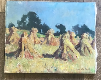 Oil painting on canvas, haystacks, Marcelle Perin