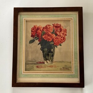 Acquerello su carta, mazzo di rose in vaso, firmato J.Peeters