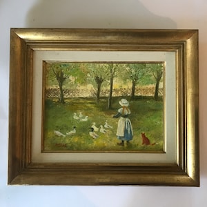 Oil painting on canvas, little girl, cat and ducks signed Brégy