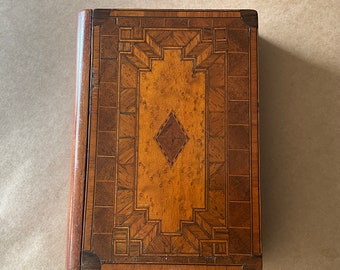 Faux livre, fake wooden book, marquetry on cover.