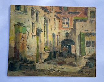 Oil painting on a canvas placed in a cardboard , Old city of Antwerp in Belgium by Félix Eyskens Belgium