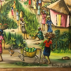 May include: A colorful painting depicting a bustling market scene in a tropical village. People are gathered around a donkey carrying a basket of green fruit. The painting is signed "Hontry. Cl. Gustave" in the lower right corner.
