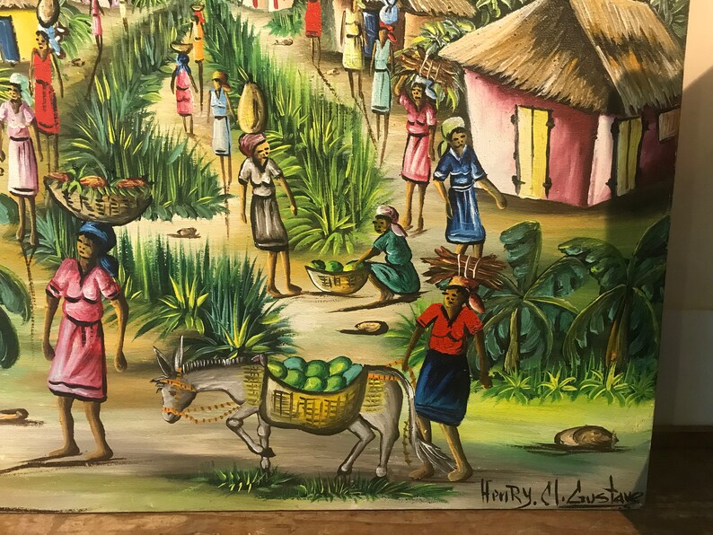 May include: A colorful painting depicting a bustling market scene in a tropical village. People are gathered around a donkey carrying a basket of green fruit. The painting is signed "Hontry. Cl. Gustave" in the lower right corner.